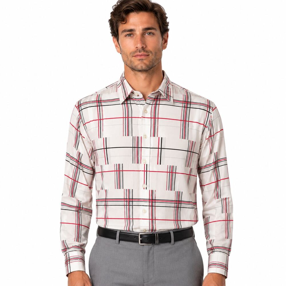 Vintage Givenchy For Chesa Shirt Men L White Red Plaid 70s Disco Nylon Button Up